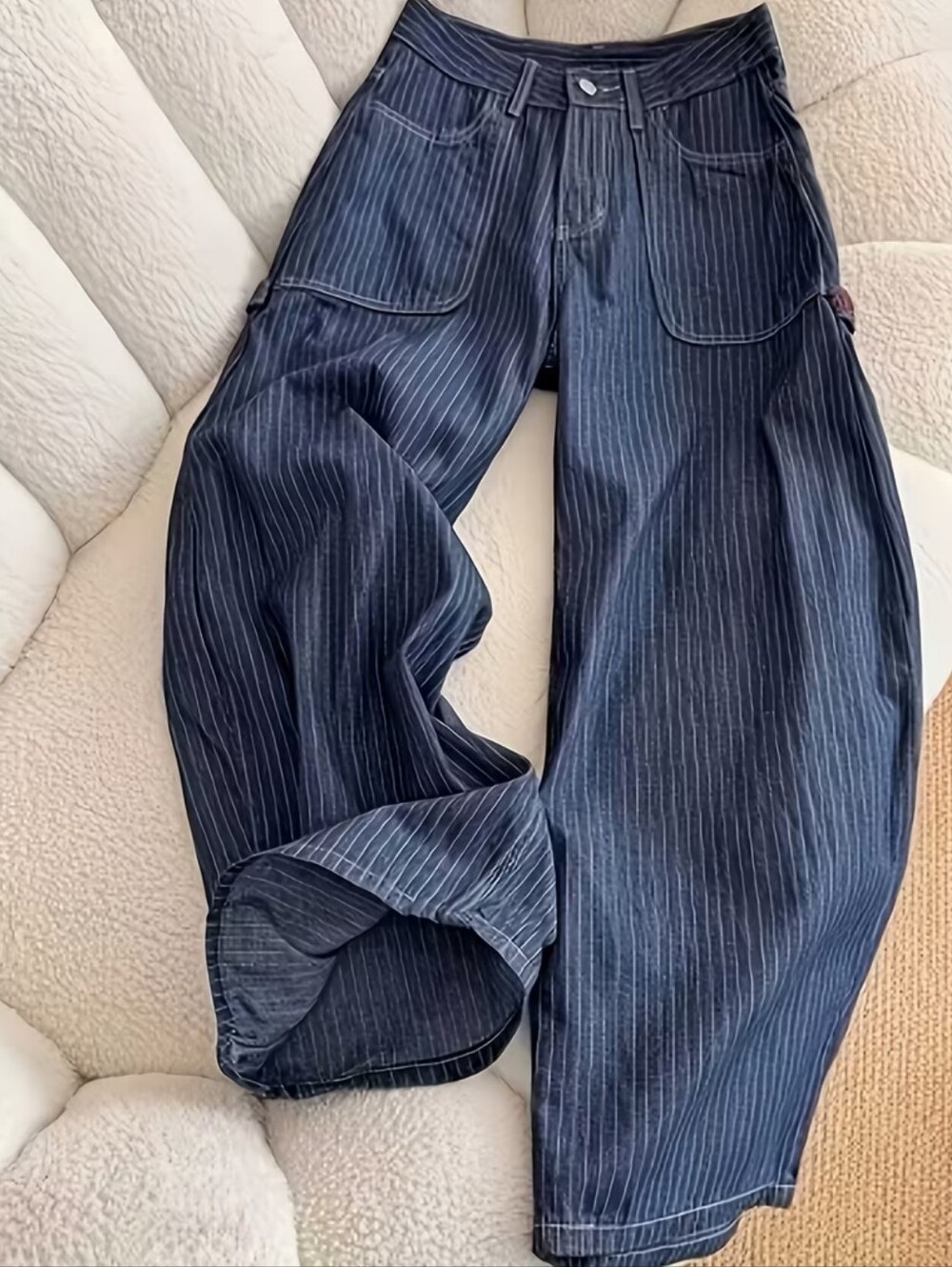 Washed Distressed Multi-pocket Striped Work Jeans, Stylish Design, Wide-leg - Picture 3 of 5